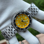 Steeldive SD1975 tuna on five-link jubilee bracelet with sunray yellow dial, wrist view
