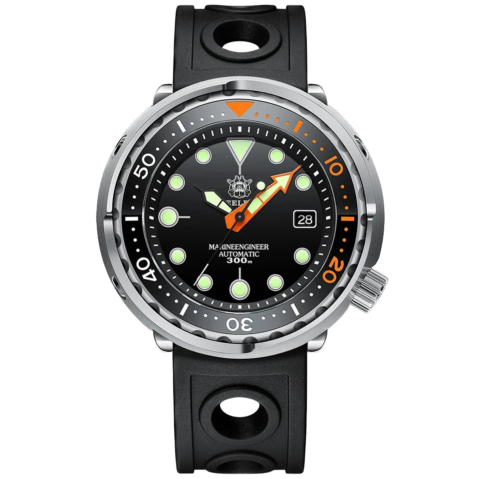 Steeldive SD1975C dive watch with black dial, orange accents and luminous markers, black rubber strap and stainless steel case, 30 Bar water resistance