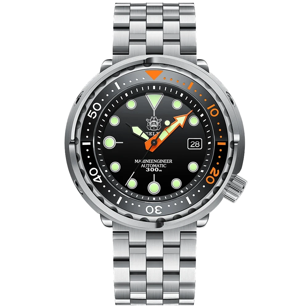 Steeldive SD1975C dive watch with black dial, orange accents and luminous markers, silver stainless steel case and bracelet, 30 Bar water resistance