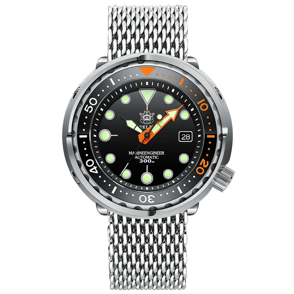 Steeldive SD1975C dive watch with black dial, orange accents and luminous markers, silver mesh stainless steel band, 30 Bar water resistance