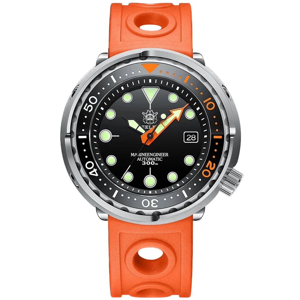 Steeldive SD1975C dive watch with black dial, orange rubber strap and orange accents, luminous markers, stainless steel case, NH35 automatic movement, 30 Bar water resistance.