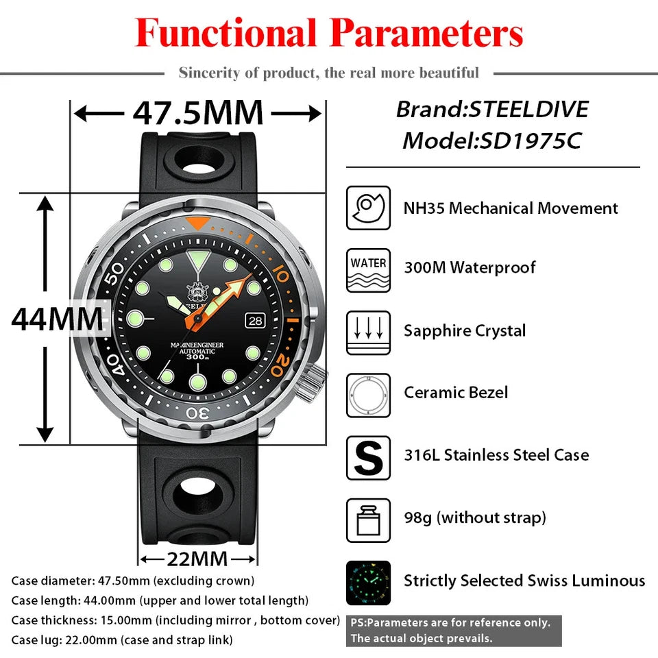 Functional parameters chart for Steeldive SD1975C dive watch: case diameter 47.5mm, case length 44mm, thickness 15mm, lug width 22mm, NH35 mechanical movement, 300m waterproof, sapphire crystal, ceramic bezel, 316L stainless steel case, Swiss luminous markers.