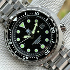 STEELDIVE SD1975K black Marineengineer dial with steel shroud on a stainless steel tank bracelet