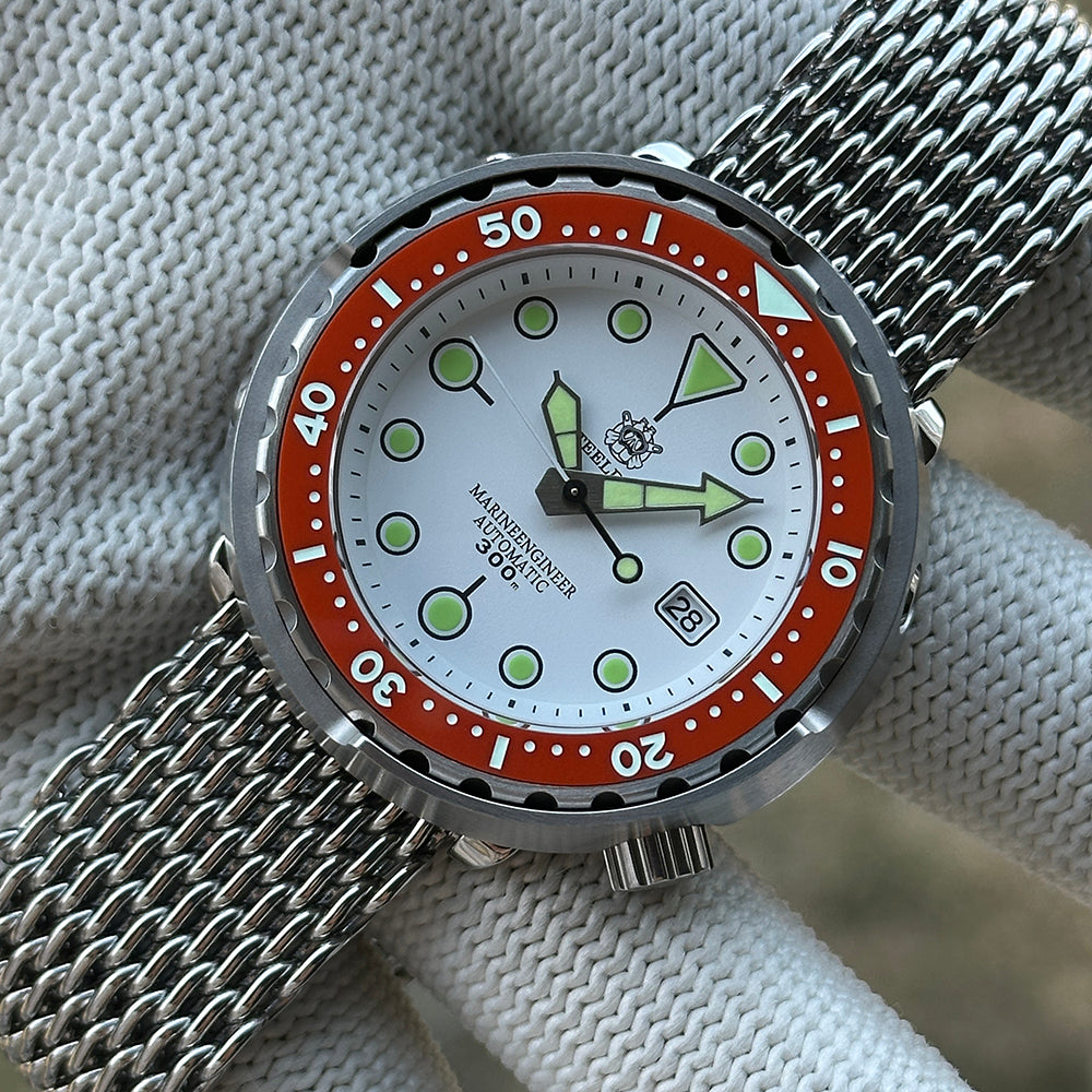 STEELDIVE SD1975N orange bezel on a steel mesh bracelet, dial marked Marineengineer Automatic 300m