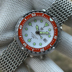 STEELDIVE SD1975N orange bezel on a steel mesh bracelet, dial marked Marineengineer Automatic 300m