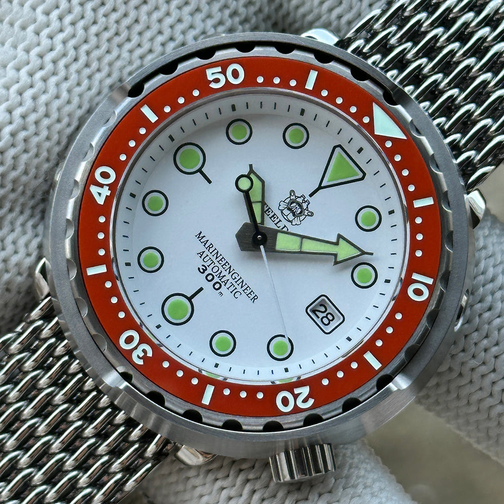 STEELDIVE SD1975N white dial tuna dive watch with orange ceramic bezel on a steel mesh bracelet