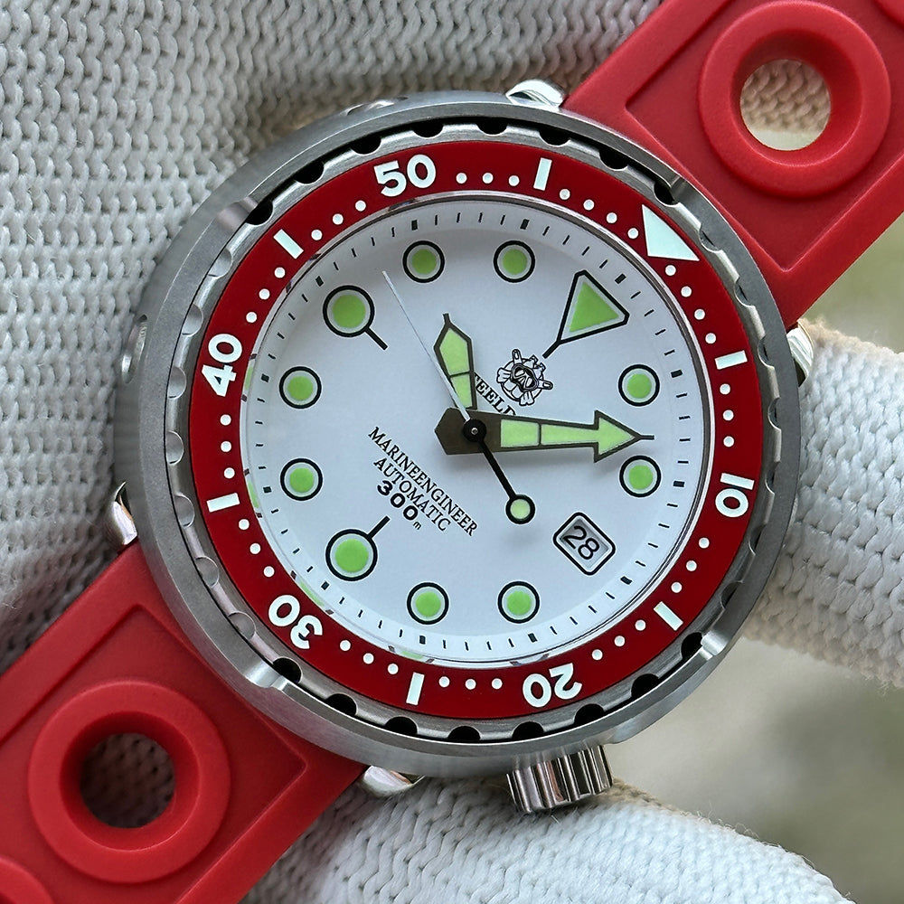 STEELDIVE SD1975N white dial with red bezel on a red rally-style rubber strap