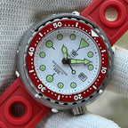 STEELDIVE SD1975N white dial with red bezel on a red rally-style rubber strap
