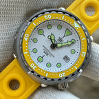 STEELDIVE SD1975N white dial with yellow bezel on a yellow rally-style rubber strap