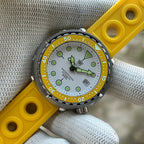STEELDIVE SD1975N yellow bezel on a yellow rally-style rubber strap
