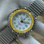 STEELDIVE SD1975N yellow bezel version on a steel mesh bracelet