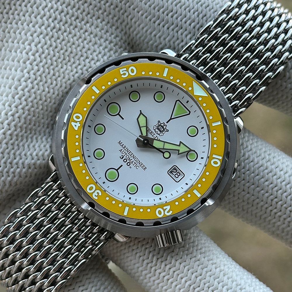 STEELDIVE SD1975N yellow bezel version on a steel mesh bracelet