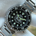 Steeldive SD1975P tuna dive watch with black dial and stainless steel oyster bracelet, front view