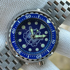 Steeldive SD1975P tuna watch with blue dial and five-link jubilee bracelet, front view