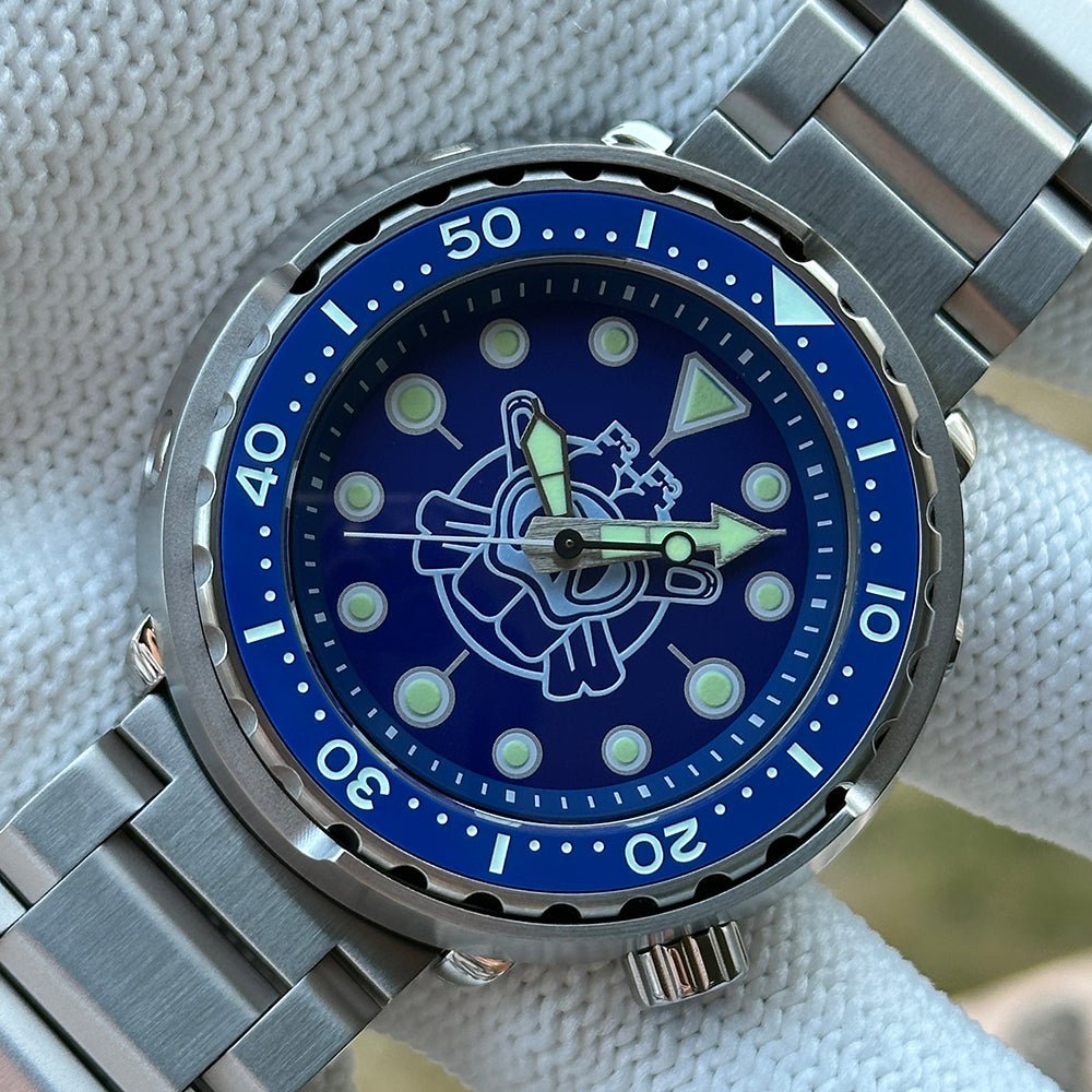 Steeldive SD1975P tuna dive watch with blue dial and steel oyster bracelet, front studio view