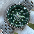 Steeldive SD1975P tuna watch with green dial and five-link jubilee bracelet, front view