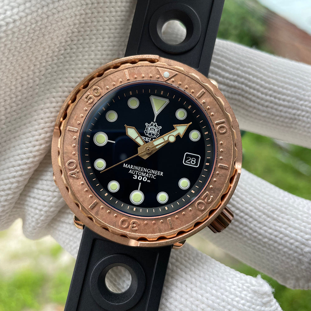 Steeldive SD1975S V2 bronze tuna dive watch with black dial and black rubber strap, front view