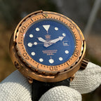 Steeldive SD1975S V1 bronze tuna dive watch with blue dial and rubber strap, alternate dial sample