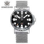 Steeldive SD1982 46.5mm dive watch, black ceramic bezel and black dial on mesh bracelet, studio shot