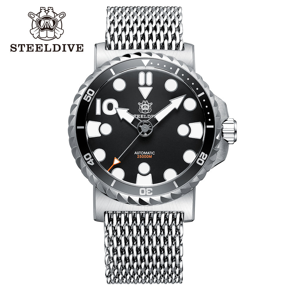 Steeldive SD1982 46.5mm dive watch, black ceramic bezel and black dial on mesh bracelet, studio shot