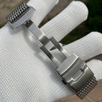 Steeldive SD1982 shark mesh bracelet fold-over clasp with safety latch, open view