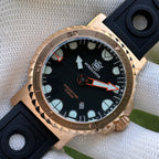 Steeldive SD1982S 46mm CuSn8 bronze dive watch, black dial and black rubber strap, front view
