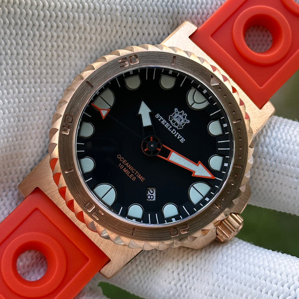 Steeldive SD1982S 46mm bronze dive watch with black dial and orange rubber strap, front view