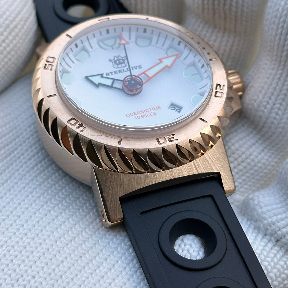 Steeldive SD1982S bronze toothed bezel detail with black rubber strap, bezel detail angle