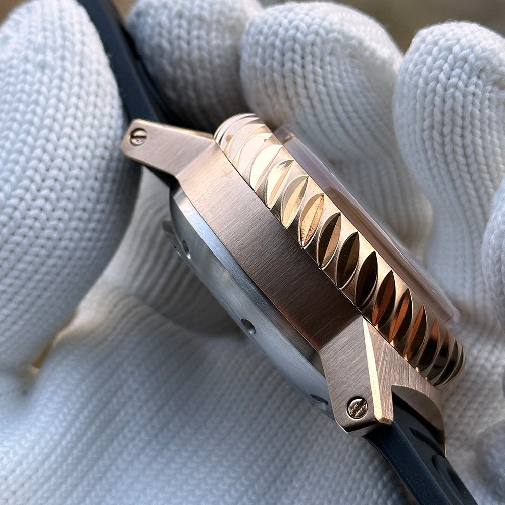 Steeldive SD1982S solid bronze case side profile showing crown guard and brushed lugs