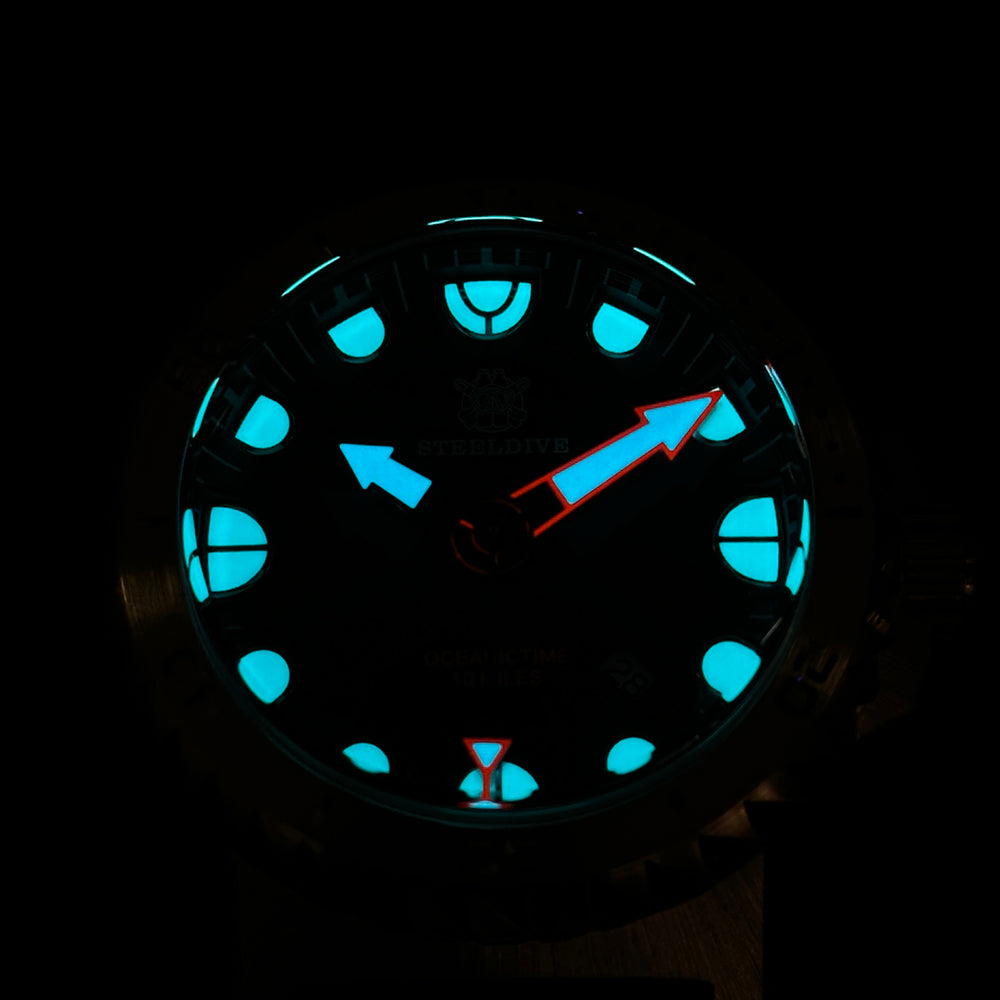 Steeldive SD1982S bronze dive watch lume shot, blue C3 SuperLuminova on indices and hands in darkness