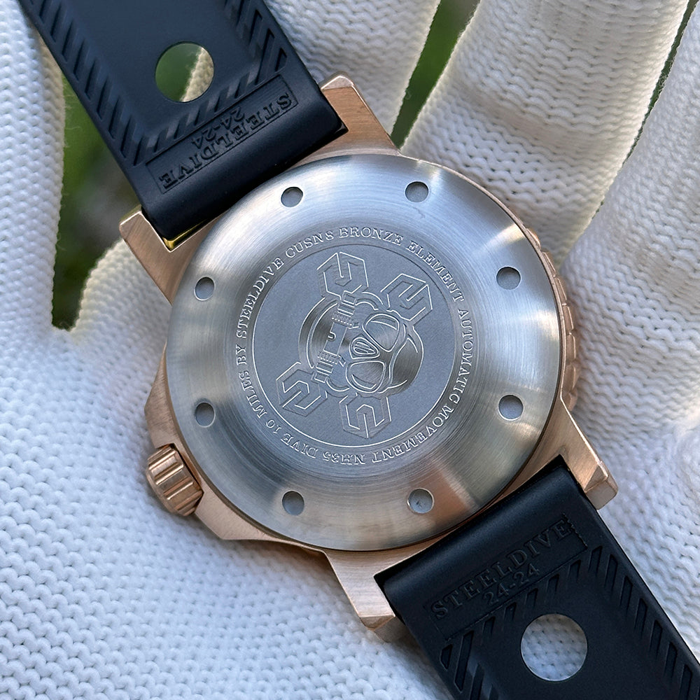 Steeldive SD1982S engraved caseback showing CuSn8 Bronze Element NH35 Automatic Dive 10 Miles markings