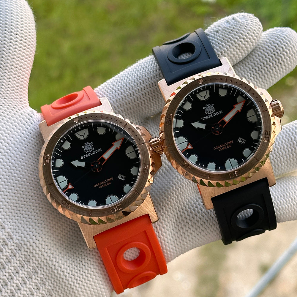 Steeldive SD1982S bronze dive watches side-by-side comparison with black and orange rubber strap options