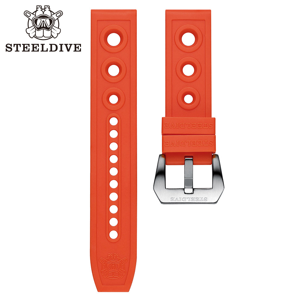 Steeldive SD1982S orange perforated rubber dive strap with steel signed buckle, studio top-down view