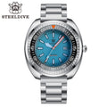 Steeldive SD1983 ceramic dive watch with ice blue dial and steel oyster bracelet, front studio shot