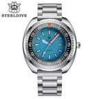 Steeldive SD1983 ceramic dive watch with ice blue dial and steel oyster bracelet, front studio shot