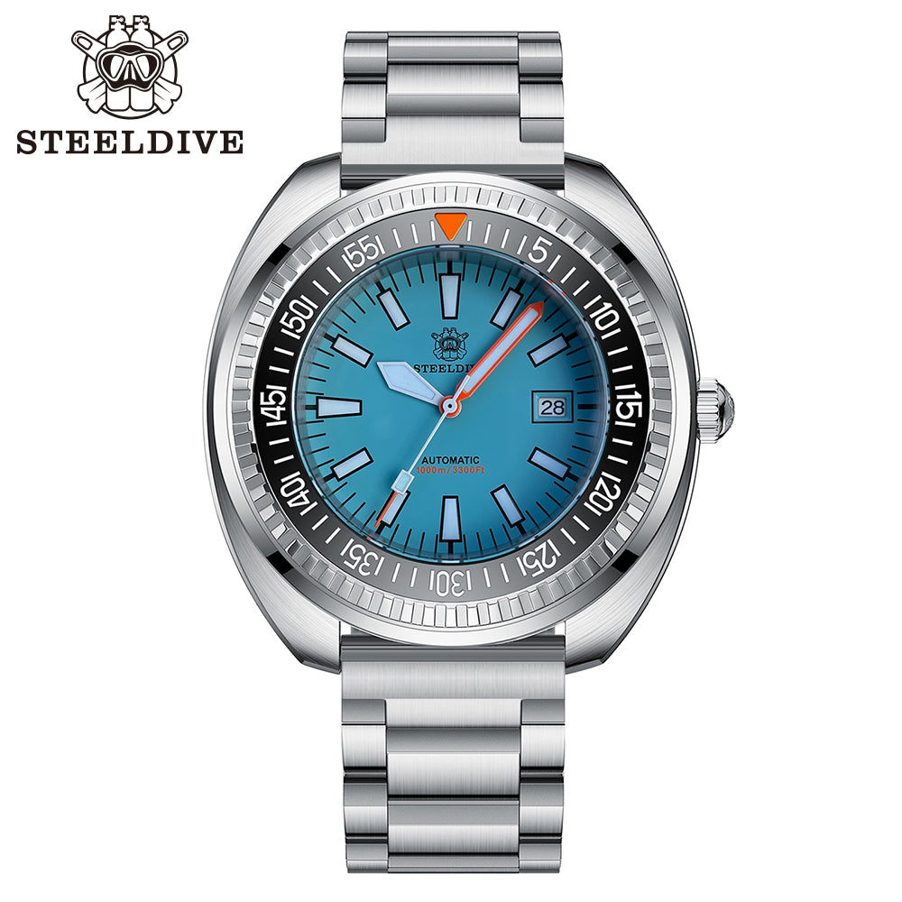 Steeldive SD1983 ceramic dive watch with ice blue dial and steel oyster bracelet, front studio shot