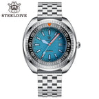 Steeldive SD1983 ceramic dive watch with ice blue dial and five-link jubilee steel bracelet, front view