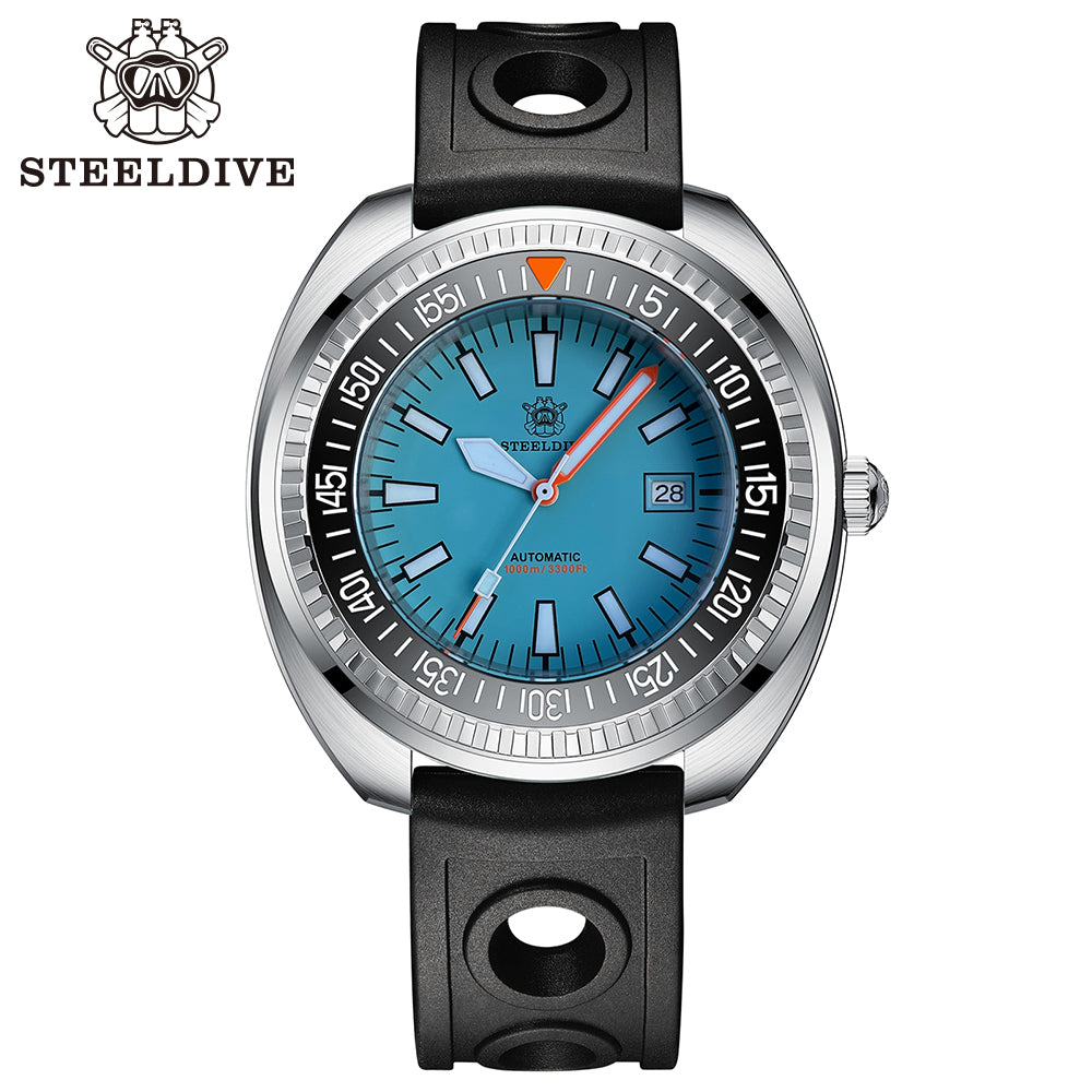 Steeldive SD1983 ceramic dive watch with ice blue dial on perforated black rubber strap, front view