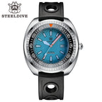 Steeldive SD1983 ceramic dive watch with ice blue dial on perforated black rubber strap, front view