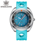 Steeldive SD1983 ceramic dive watch with ice blue dial on cyan perforated rubber strap, front studio shot