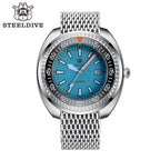 Steeldive SD1983 ceramic dive watch with ice blue dial on Milanese steel mesh bracelet, front studio shot