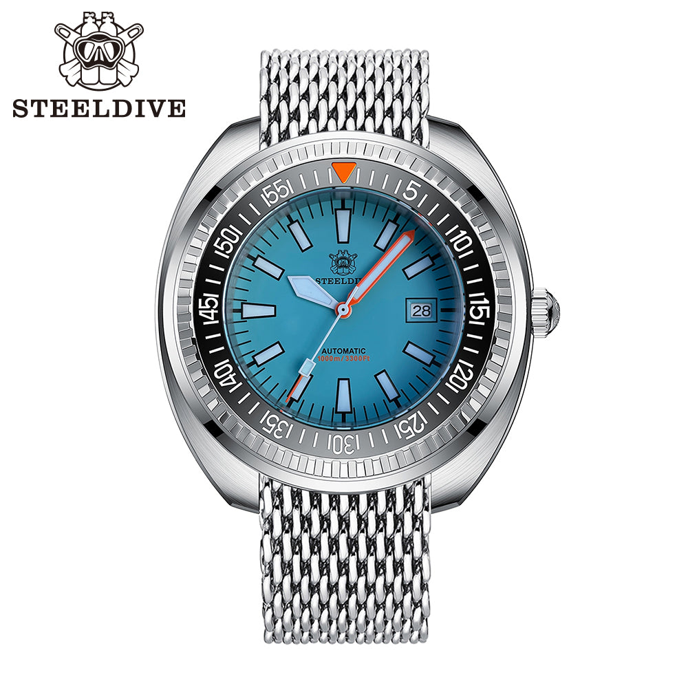 Steeldive SD1983 ceramic dive watch with ice blue dial on Milanese steel mesh bracelet, front studio shot