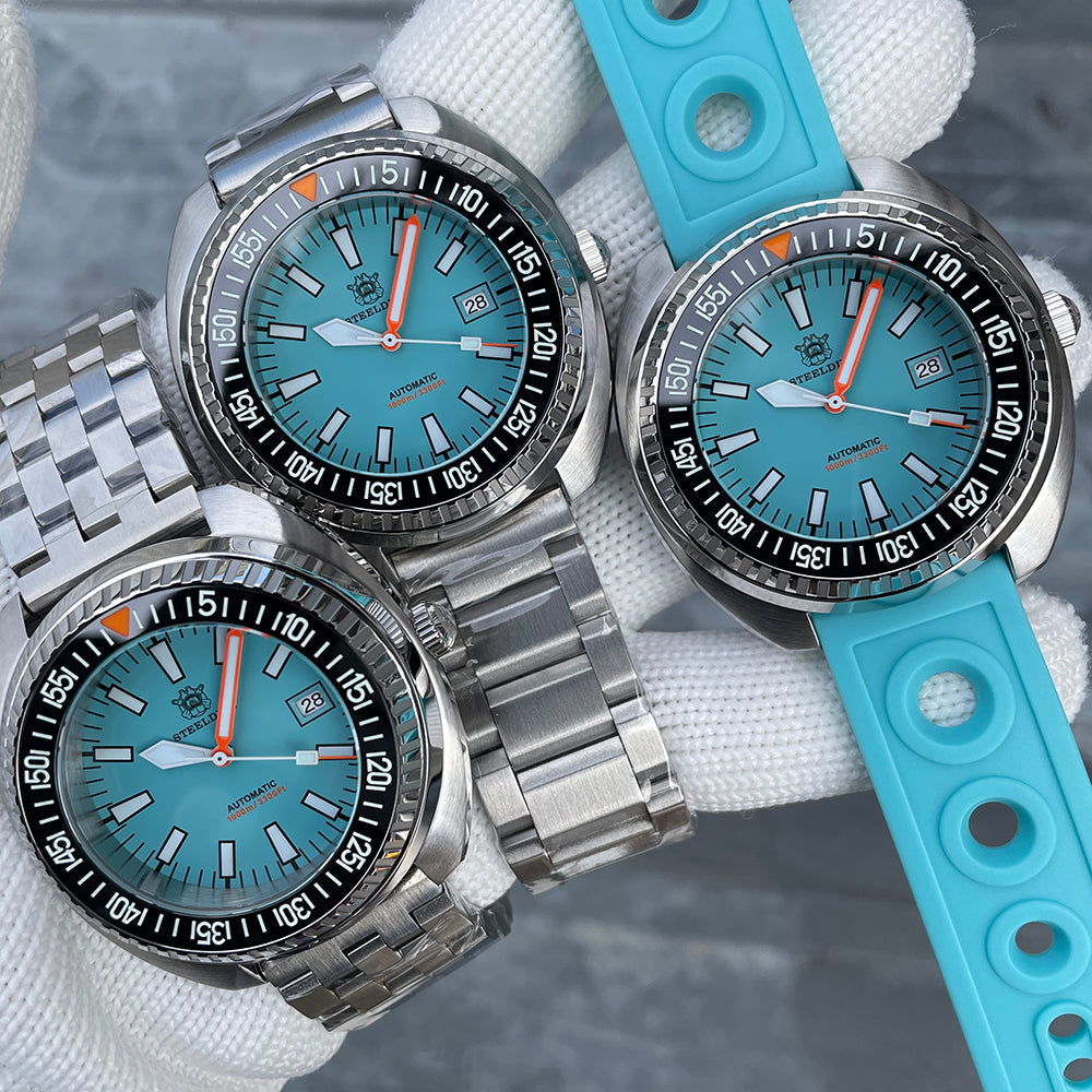 Three Steeldive SD1983 ceramic dive watches comparing jubilee, oyster, and cyan rubber strap options