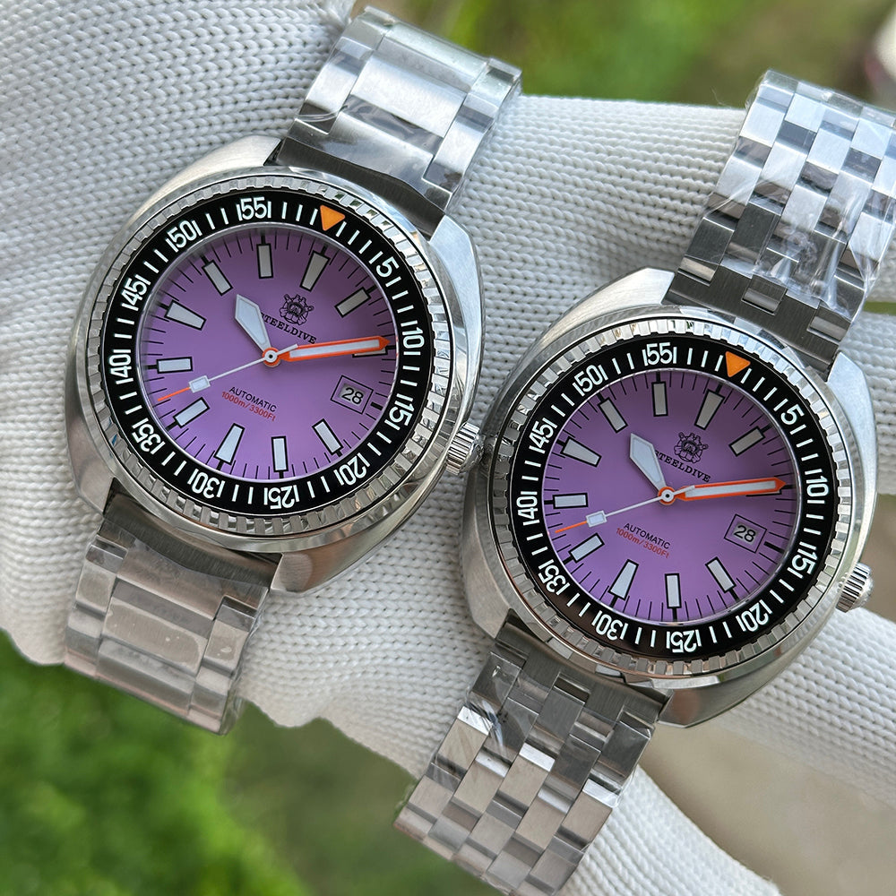 Steeldive SD1983 purple dial dive watch oyster and jubilee bracelet variants side by side comparison