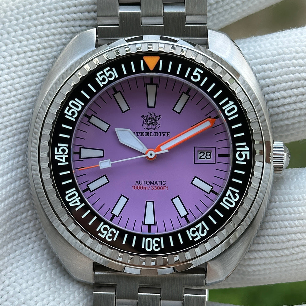 Steeldive SD1983 purple dial 1000m 3300ft dive watch front close-up on jubilee bracelet