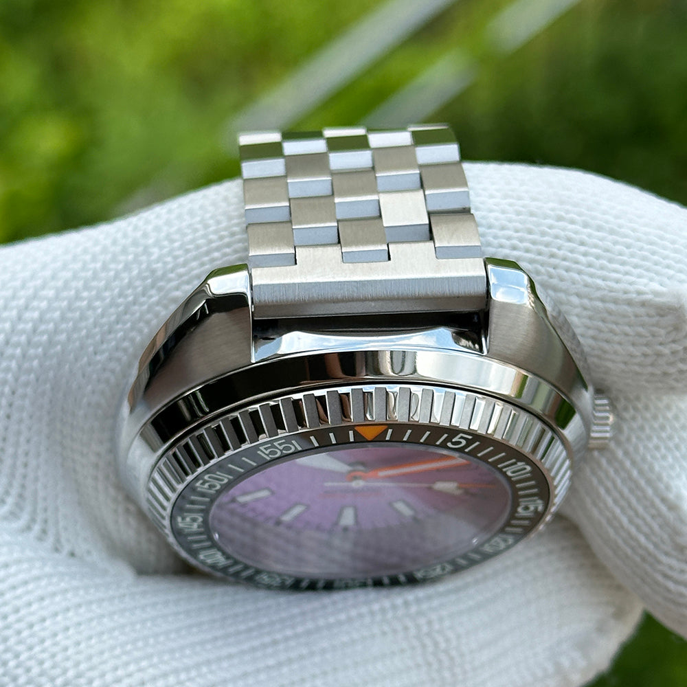 Steeldive SD1983 purple dial dive watch coin-edge bezel and jubilee bracelet detail, side angle