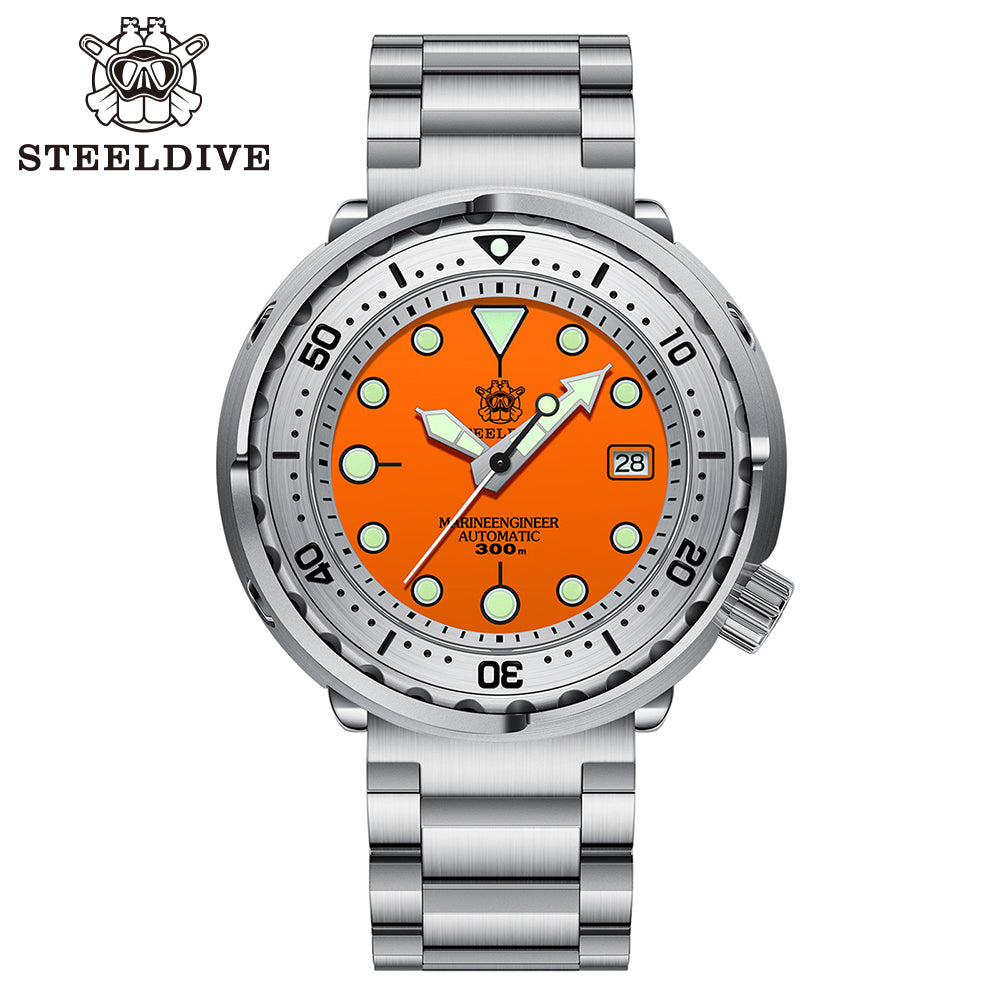 Steeldive SD1986 tuna dive watch with orange dial and steel bracelet, front studio view