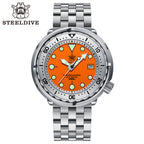 Steeldive SD1986 tuna watch orange dial steel bracelet variant, studio front shot