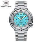 Steeldive SD1986 tuna dive watch with aqua turquoise dial and steel bracelet, front view