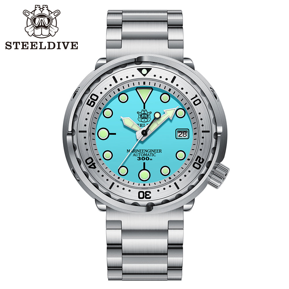 Steeldive SD1986 tuna dive watch with aqua turquoise dial and steel bracelet, front view